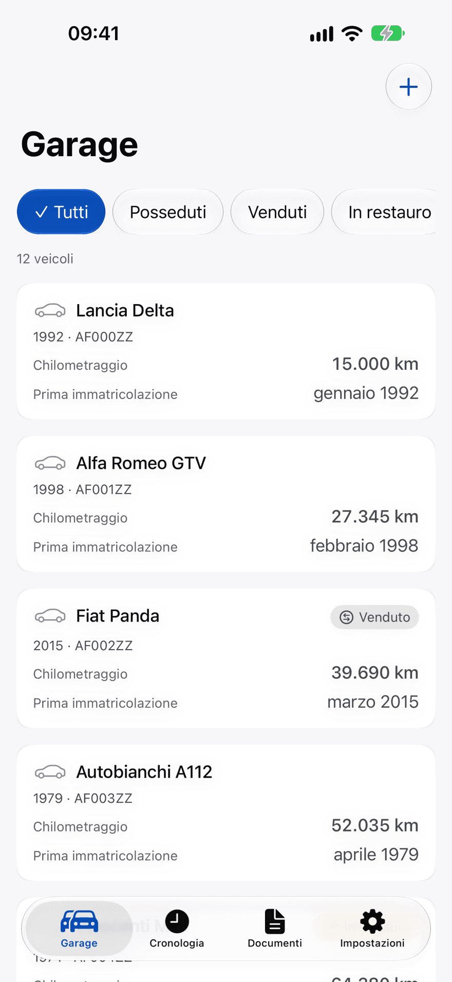 Schermata del Garage di Vetturio con le auto dell'utente