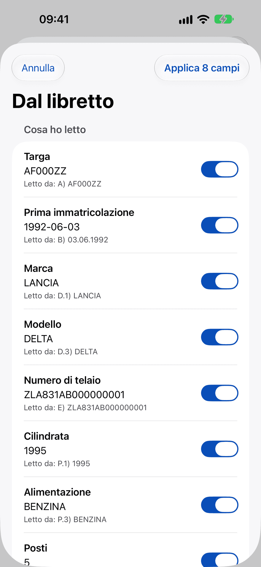 Scansione libretto OCR con campi compilati