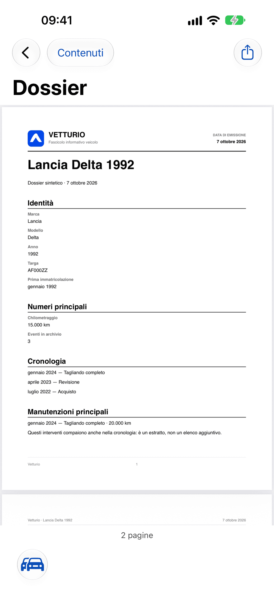 Anteprima del Dossier PDF esportabile in Vetturio